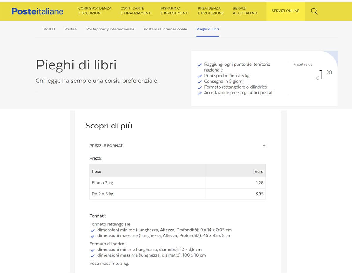uno screen dal sito di poste italiane sulla spedizione "piego di libri"