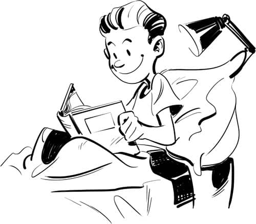 Fumetto dell'autore mentre legge da bambino.